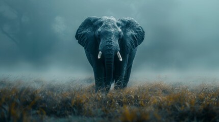 A large elephant is walking through a field of tall grass - obrazy, fototapety, plakaty