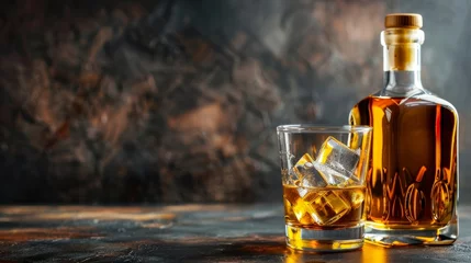 Fotobehang Bottle of Whiskey Beside Glass With Ice Cubes © Rene Grycner