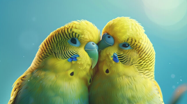 Two affectionate budgerigars with heads tilted, expressing love against a calming sky blue background.
