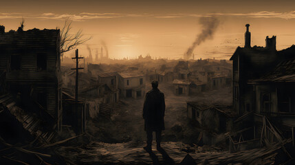 Fototapeta premium a person stands near an old destroyed town