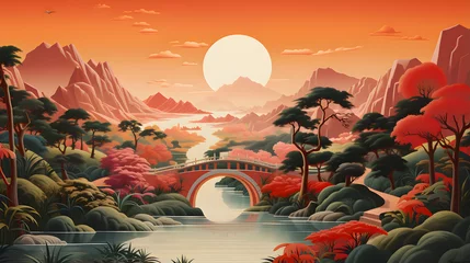 Fotobehang a red bridge over a waterway in a tropical landscape © Oleksandr