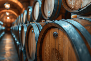 Wine barrels standing in the wine cellar - Powered by Adobe