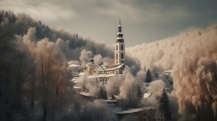 a snowy town with church and trees in the background