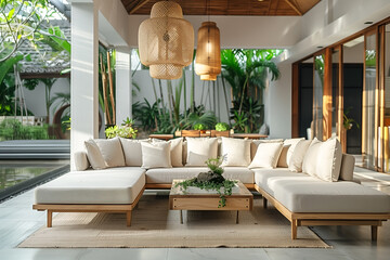 Modern cozy interior of a bright Balinese-style apartment with many plants - obrazy, fototapety, plakaty