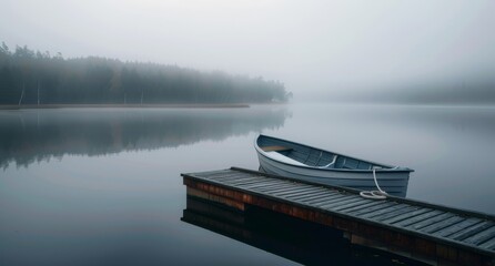 Foggy rural morning by a lake, with a solitary boat tied to a dock, the still waters mirroring the shrouded landscape. - obrazy, fototapety, plakaty