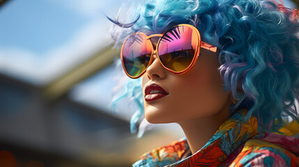 a woman with blue hair standing in a and wearing neon sunglasses