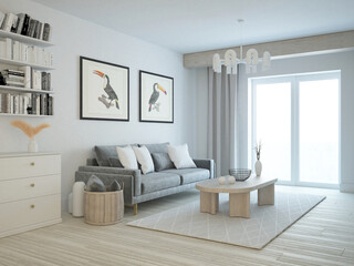 Jasny nowoczesny pokój salon z wygodną sofą, poduszkami i zasłonami na oknie tarasowym