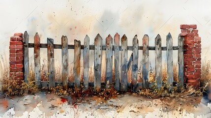 The ethereal beauty of watercolor textures, as they reveal the rustic charm of old wooden fences. - obrazy, fototapety, plakaty