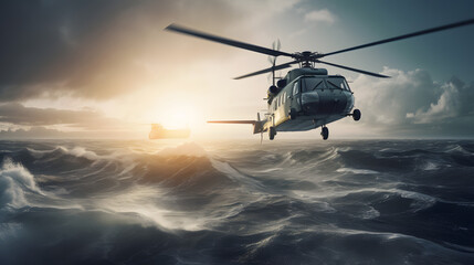 air force helicopter flying over a ship in the ocean - obrazy, fototapety, plakaty