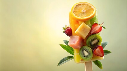 Generative ai. a fruit stick with a bunch of fruit on it, ice cream with fruits