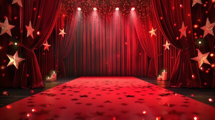 Elegant Red Stage with Velvet Curtains Ready for Performance. A Festive Atmosphere with Star Decorations and Spotlight. Event Background Theme. AI