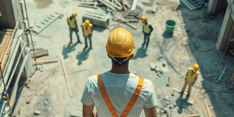 Foreman overseeing construction site with workers in hardhats emphasizing safety protocols and teamwork. Concept Construction Site Safety, Teamwork, Foreman Supervision, Hardhat Protection