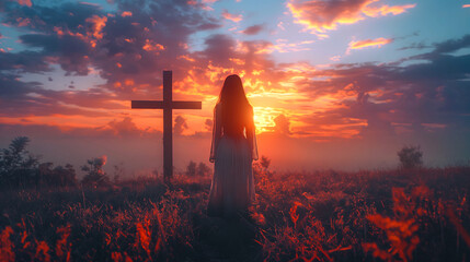 Woman from behind in front of old wooden cross - obrazy, fototapety, plakaty