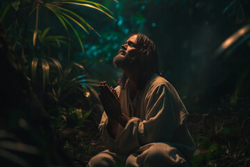 Jesus Christ praying on his knees in the garden