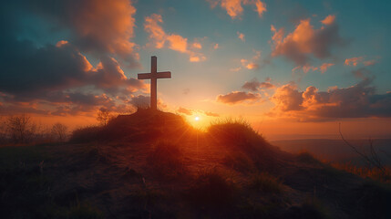 Cross on a hill at sunset and blue sky