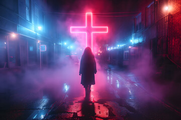 Woman on street walking to cross in night