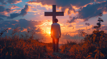 Man from behind in front of old wooden cross