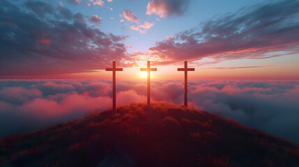 Three crosses on a hill at sunset and blue sky - obrazy, fototapety, plakaty