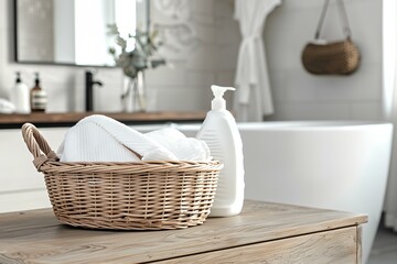 Fototapeta na wymiar A basket full of towels and a bottle of soap sits on a counter. The towels are blue and white