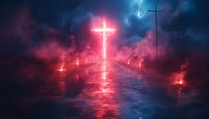Lightning cross on luminous street with fire