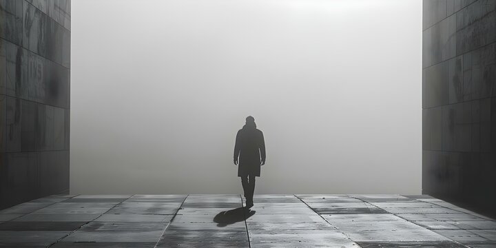 A silhouette walks on a paved path symbolizing individual responsibility in addressing environmental impact and climate change. Concept Photography, Nature Conservation, Climate Change