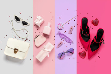 Composition with stylish female accessories, shoes and gift boxes on color background