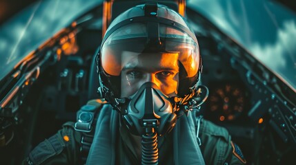 Man in fighter jet cockpit wearing gas mask - obrazy, fototapety, plakaty
