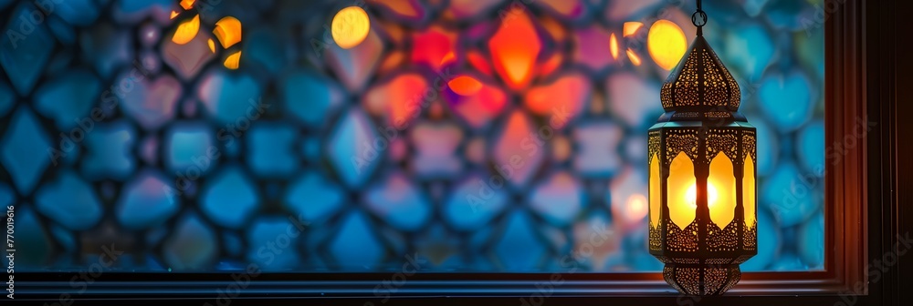 Poster a lantern is lit up in front of a window with a blue background