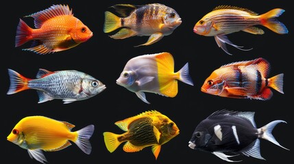 Fototapeta premium Different beautiful fishs set collection. Isolated on black background . Generative AI