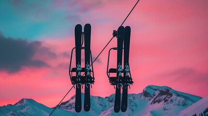 Winter mountains chairlift with ski slopes and ski lifts at pink dawn sunrise in the Alps. Generative AI - obrazy, fototapety, plakaty