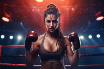 A strong athletic, woman boxer, boxing on the ring. Sport boxing concept Olimpic games.