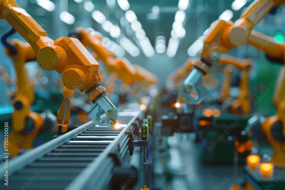 Poster a factory with robots working on a conveyor belt