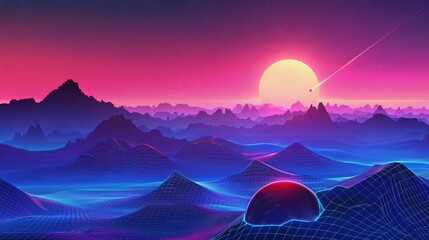 A landscape featuring an 80s synthwave aesthetic, complete with a blue grid motif.      