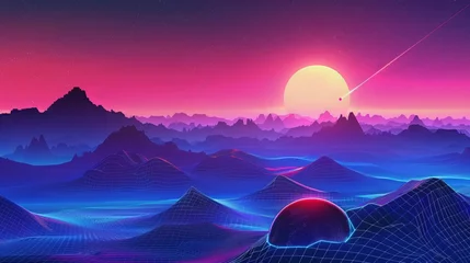 Foto op Plexiglas A landscape featuring an 80s synthwave aesthetic, complete with a blue grid motif.       © Azad
