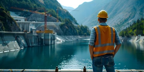 Supervisor managing the construction of a hydroelectric plant. Concept Construction progress, Safety measures, Equipment management, Team coordination, Environmental impact
