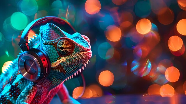 Colorful chameleon wearing headphones enjoys music, vibrant backdrop. Creative, funky, fun image for unique content needs. Ideal for modern designs. AI