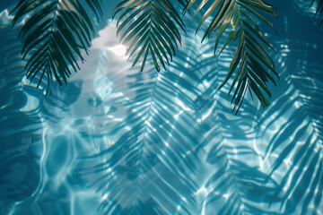 Fototapeta na wymiar Photo of palm leaves from above, which cast a shadow on the clean and transparent sea water. Summer background