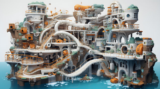 A whimsical illustration of an island with multiple buildings and structures made from different materials like wood, stone or metal. The scene includes floating clouds and waterfalls, creating a drea