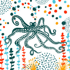 Blue octopus object. hand drawing. Not AI, Vector illustration