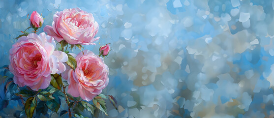 Pastel pink and blue background with flowers, Background for design, banner, web banner