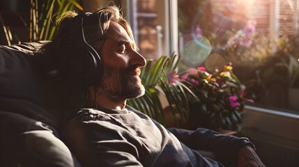 Relaxed man enjoying music in a sunlit room, peaceful home ambience. Casual indoor leisure, tranquil moment captured. Serene lifestyle scene with headphones. AI