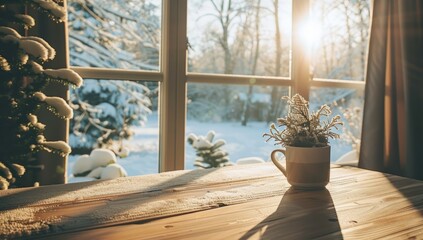 An empty wooden table with a coffee mug on it, a large window in the background showing snow...