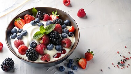 Generative ai. a close up of a bowl of fruit with a spoon and spoon, yogurt, bowl of fruit, dessert, healthy, cream, milk, gourmet