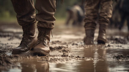 Close up of military boots walking in mud, cinematic style - obrazy, fototapety, plakaty