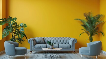 A classic sofa and table dalam ruang tamu modern on a yellow wall. 3d rendering background. - obrazy, fototapety, plakaty