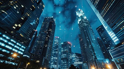 Big modern city city skyscraper downtown, digital interface with line connection. - obrazy, fototapety, plakaty