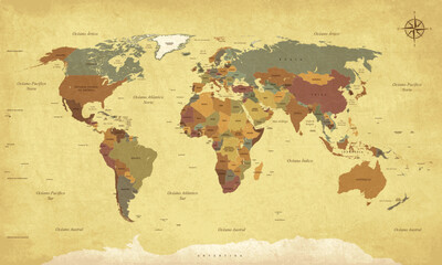 Textured vintage world map - Texts in Spanish