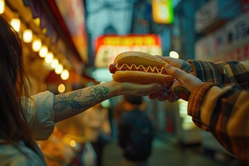 A woman hands a hotdog to a man on the street. Street food, fast food outdoor. - obrazy, fototapety, plakaty
