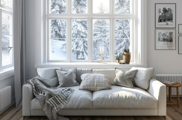 Minimalist living room interior with a sofa and window, white walls, wooden floor and a grey fabric couch, a winter landscape outside the window