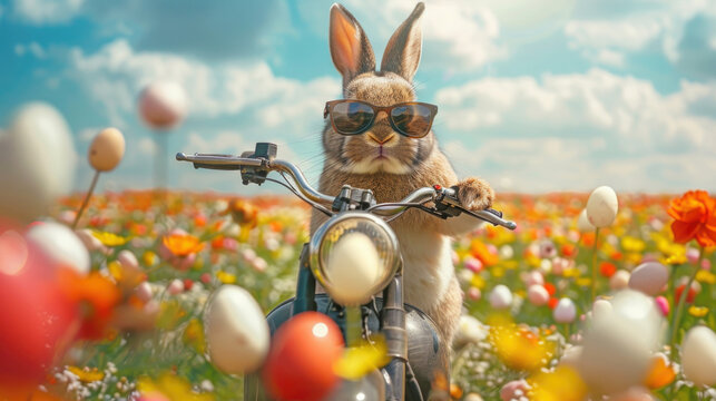 A cool bunny in sunglasses is sitting on a motorcycle in a fabulous field with flowers and Easter eggs